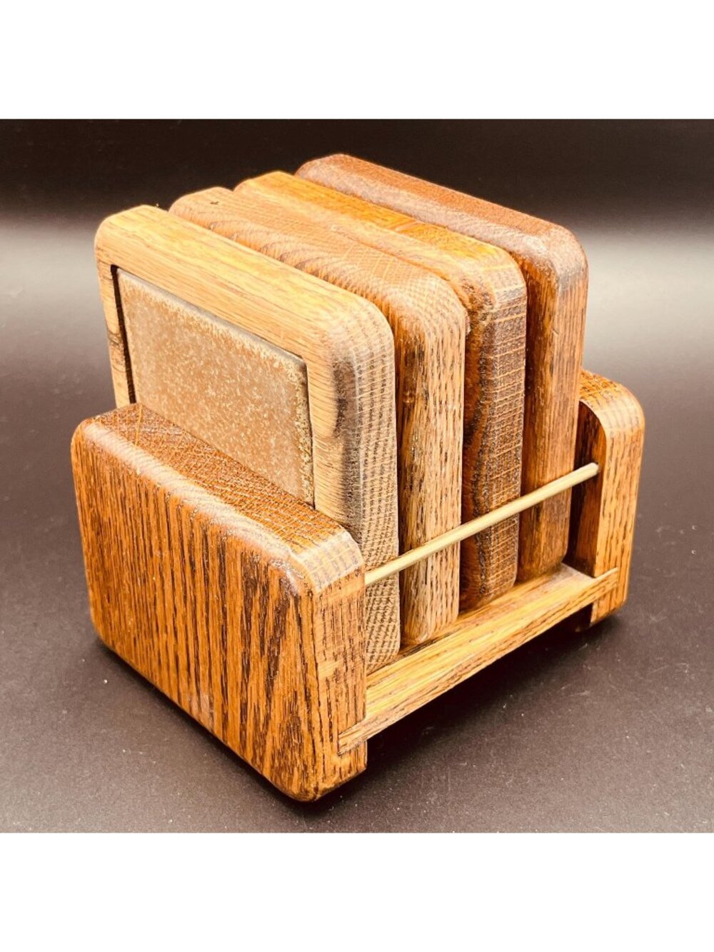 Vintage 70s Wood Coaster Set Tile Centers in Oak 4" Diameter